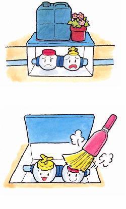 メーターボックスの上に物が置かれていてメーターボックスが悲しそうな顔をしているイラストと、掃除されて嬉しそうな顔をしているメーターボックスのイラスト