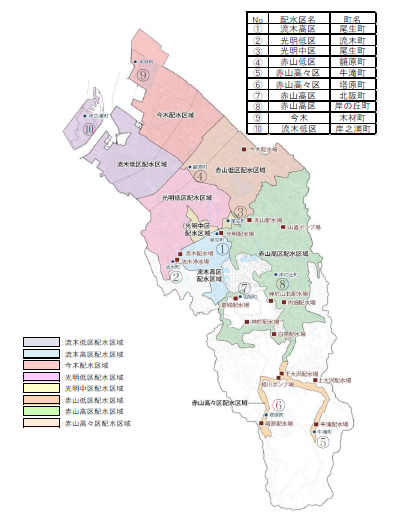 水質検査地点配水区域の位置図