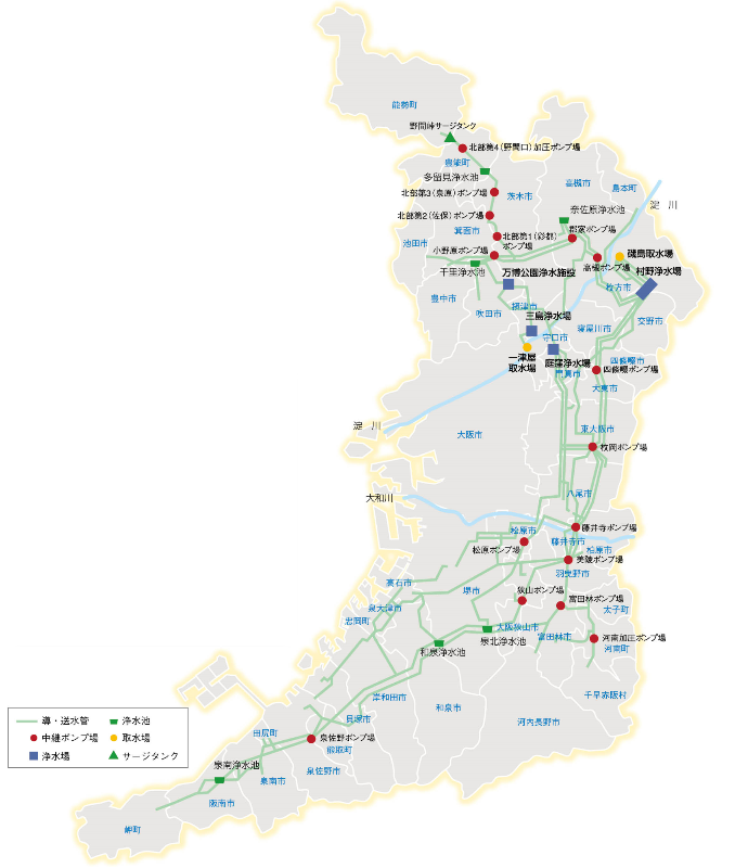 水道用水道事業の施設配置図（令和3年4月1日時点）