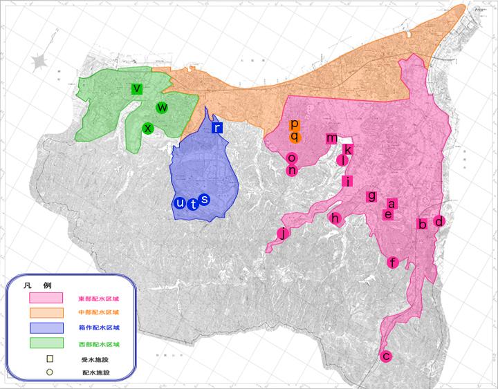 区域毎に色分けされ、受水施設と配水施設が丸か四角で囲んだアルファベットで示された施設地図