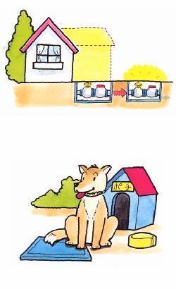 メーターボックスを床下から離れた場所に移しているイラストと、メーターボックスの蓋に犬が座っているイラスト