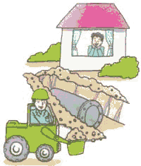 赤い屋根の家の住民が水道管の工事をながめているイラスト